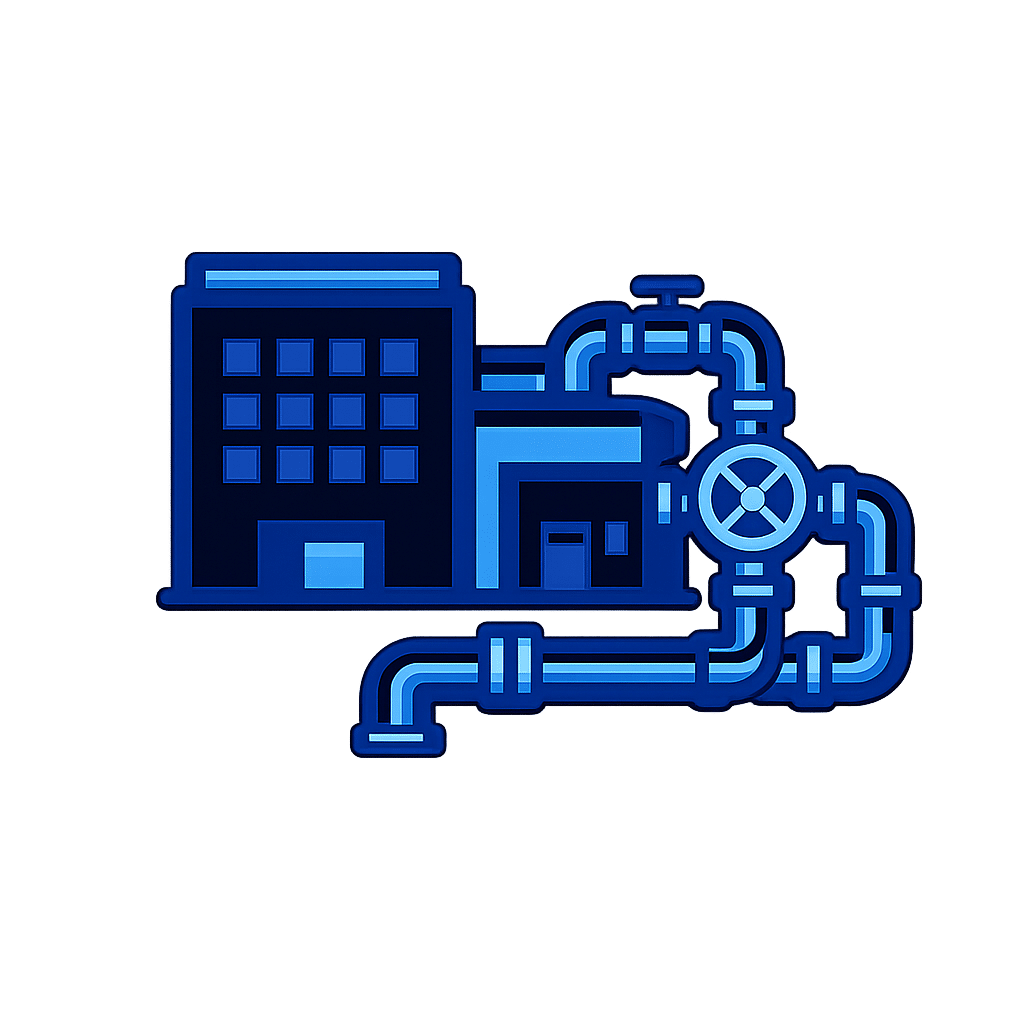 Icon of a commercial building with interconnected blue plumbing pipes, representing plumbing services for businesses