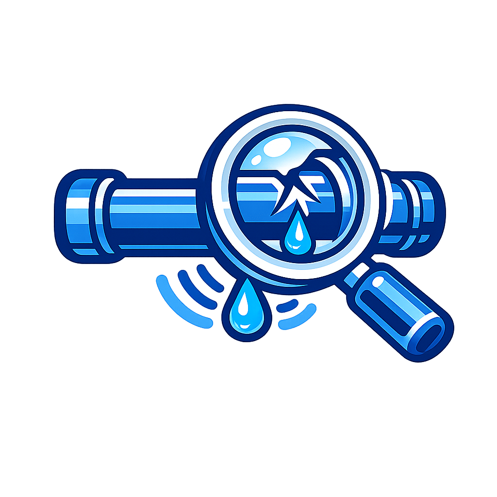 Magnifying glass over a leaking pipe, symbolizing leak detection services for plumbing in Marietta, GA.