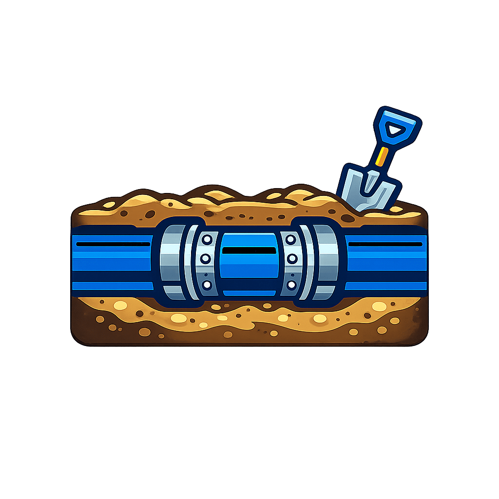 Sewer line repair illustration with exposed blue pipe and shovel in dirt, representing plumbing services