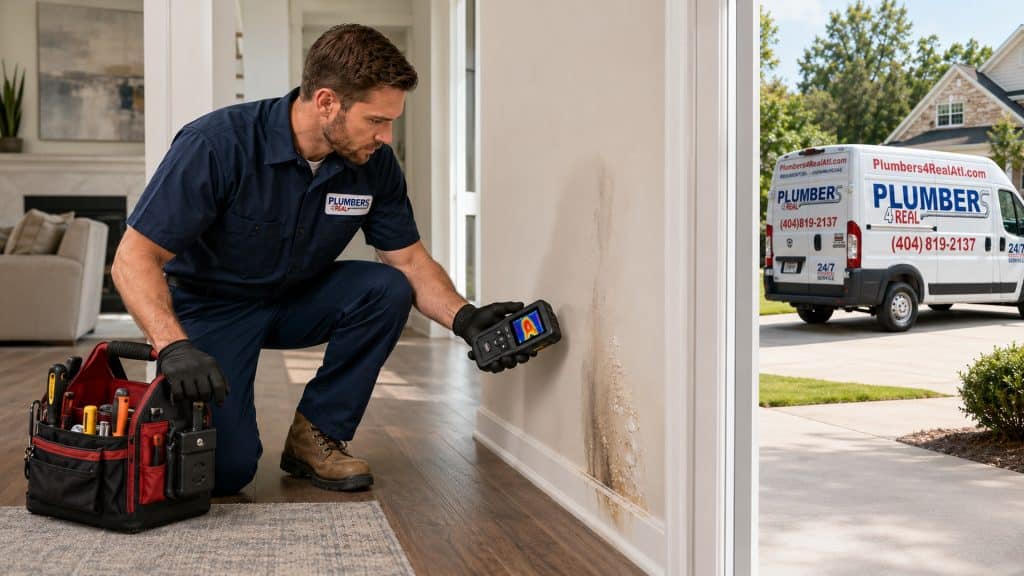 Marietta plumber using leak detection equipment to find hidden water leaks in home.