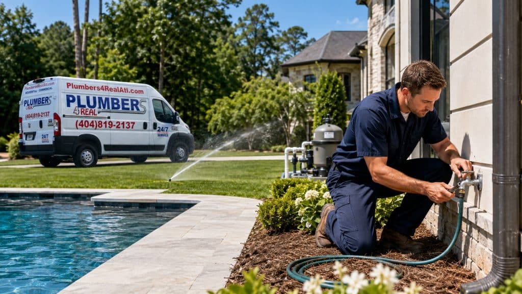 Plumber inspecting outdoor faucet and sprinkler system near Marietta pool, Plumbers 4 Real service van