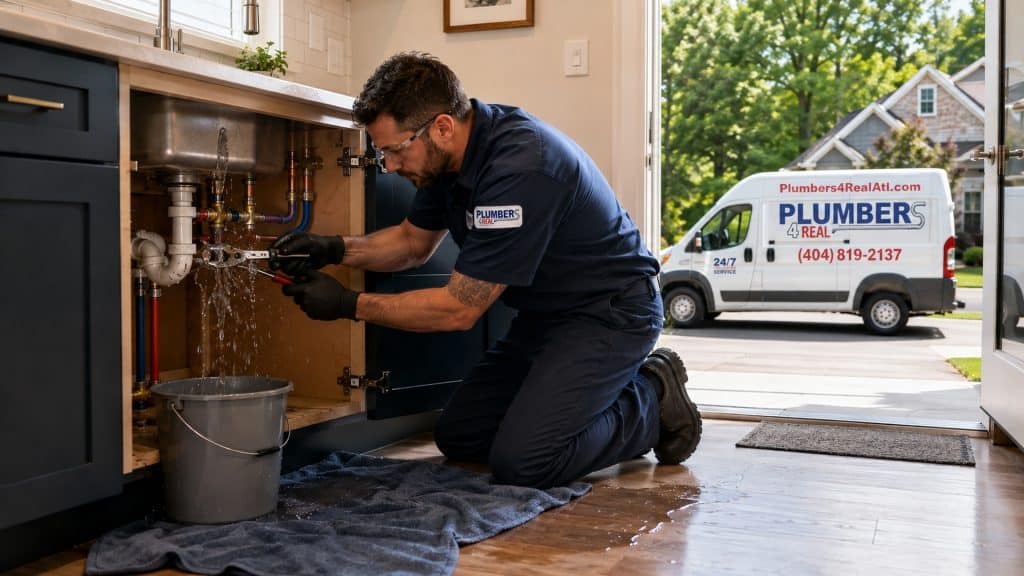 Plumber repairing a leaking pipe under a kitchen sink with a bucket for water collection,