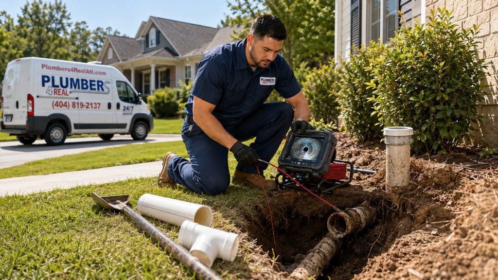 Plumber inspecting sewer line with video inspection equipment in Marietta, GA yard.