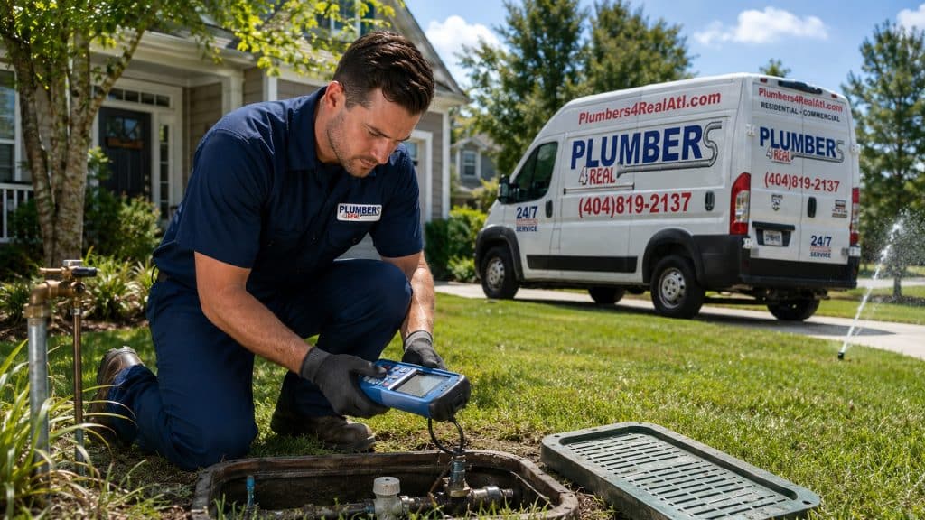 Plumber from Plumbers 4 Real using equipment to check for leaks near a water meter