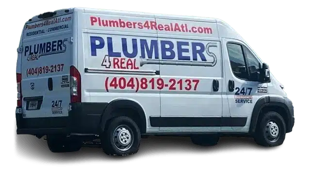 Plumbers 4 Real service van with contact information and 24/7 emergency service branding.
